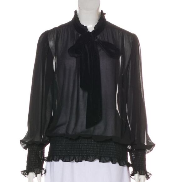 Elegant Misa Los Angeles Roial Top - Black Chiffon Blouse Tie Sash Velvet Large - Picture 8 of 9